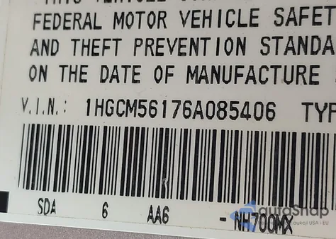 2006 Honda Accord 2.4 Vp z USA, uszkodzony, nr VIN 1HGCM56176A085406